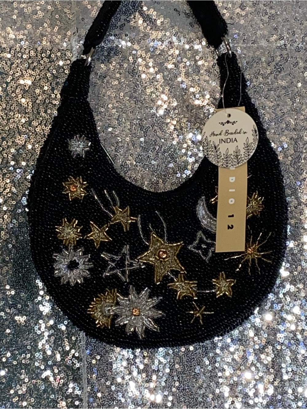 Studio 12 Celestial Hand Beaded Moon Stars Crescent Bag NWT Black Viral Find - Picture 2 of 14